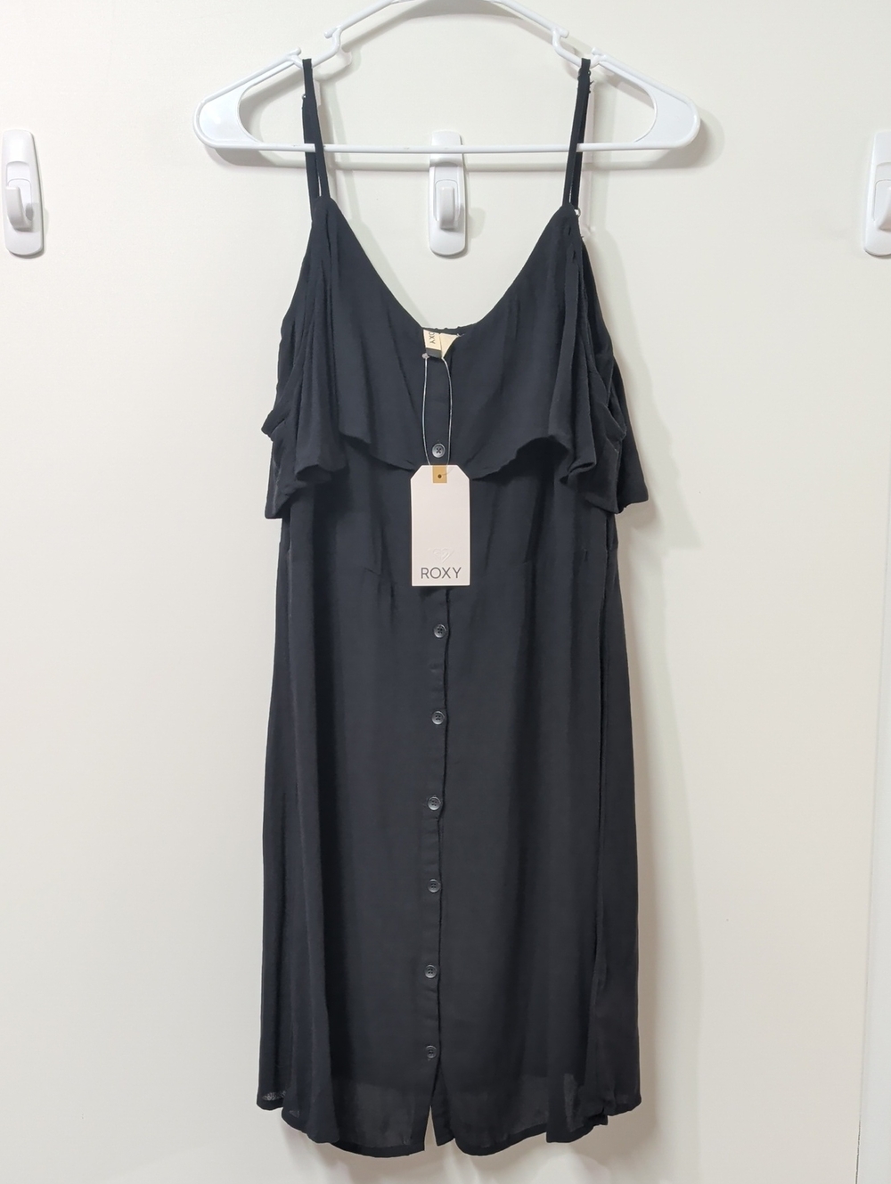 Roxy Black Cold-Shoulder Button-Front Ruffle Dress
